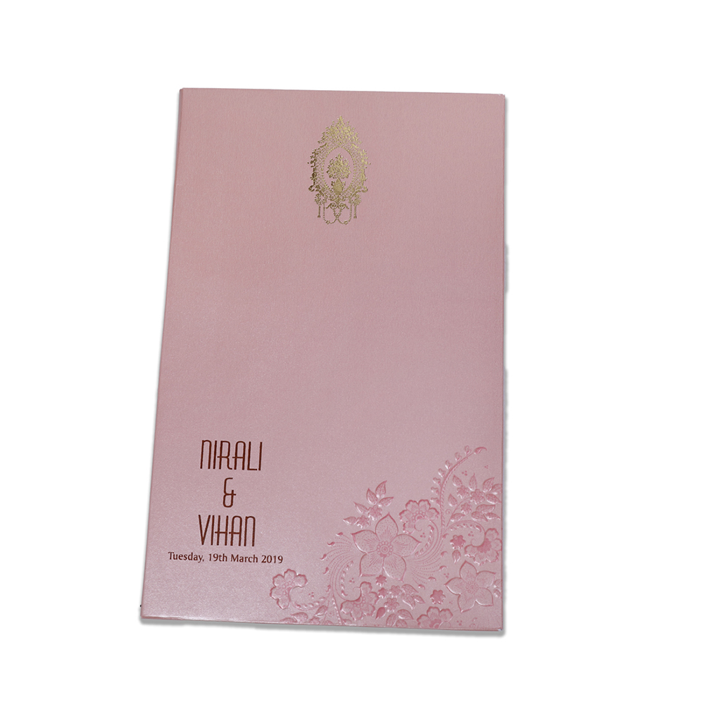 Floral themed Indian wedding invitation in metallic pink colour - Click Image to Close