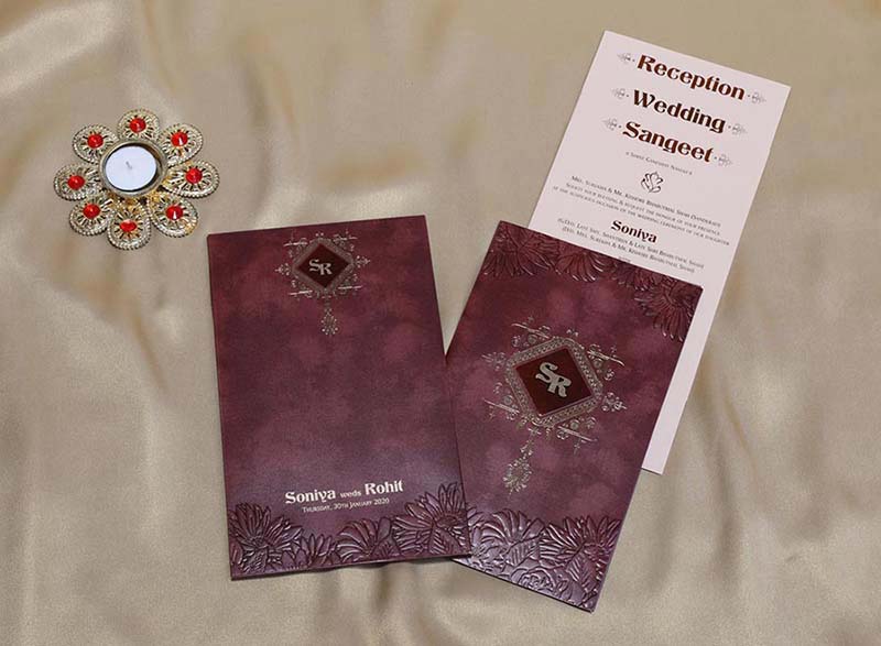 Floral Wedding Card in Chocolate Brown and Burgundy colour - Click Image to Close