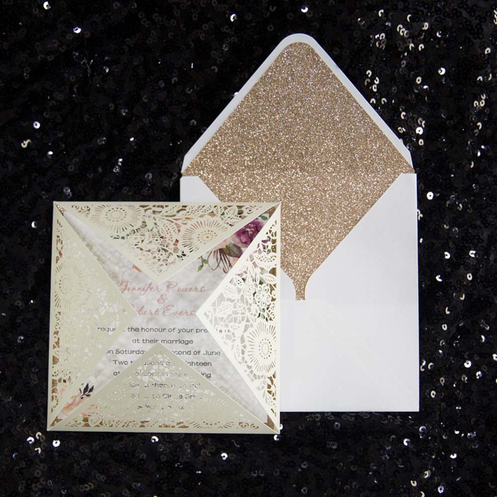 Four Fold Laser cut Wedding invitaion & RSVP set in Cream Shimmer - Click Image to Close