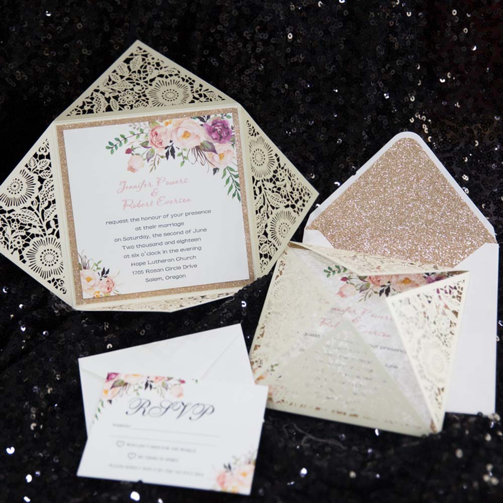 Four Fold Laser cut Wedding invitaion & RSVP set in Cream Shimmer - Click Image to Close
