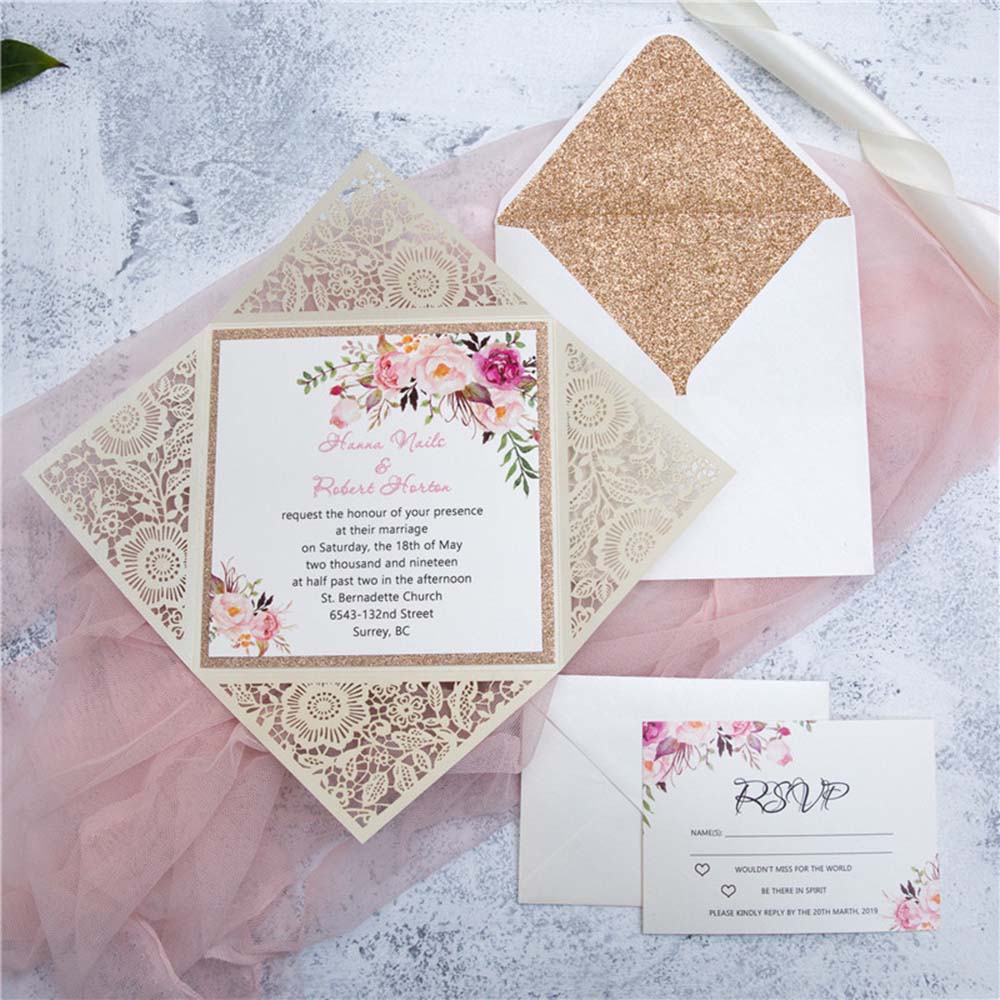 Four Fold Laser cut Wedding invitaion in Cream Shimmer - Click Image to Close