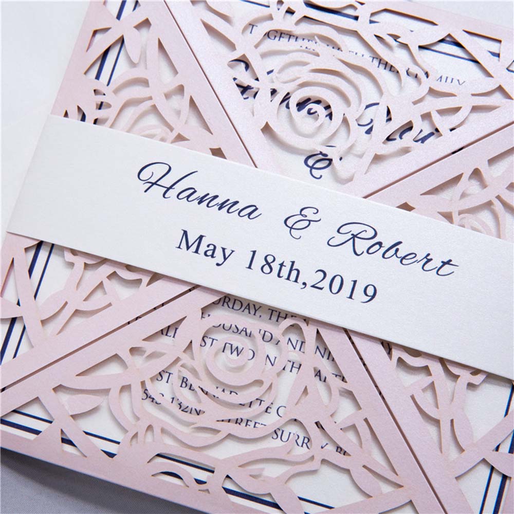 Four fold rose theme laser cut wedding invitation in Blush shimmer - Click Image to Close