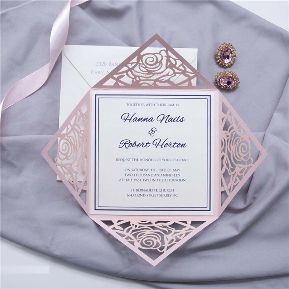 Four fold rose theme laser cut wedding invitation in Blush shimmer - Click Image to Close
