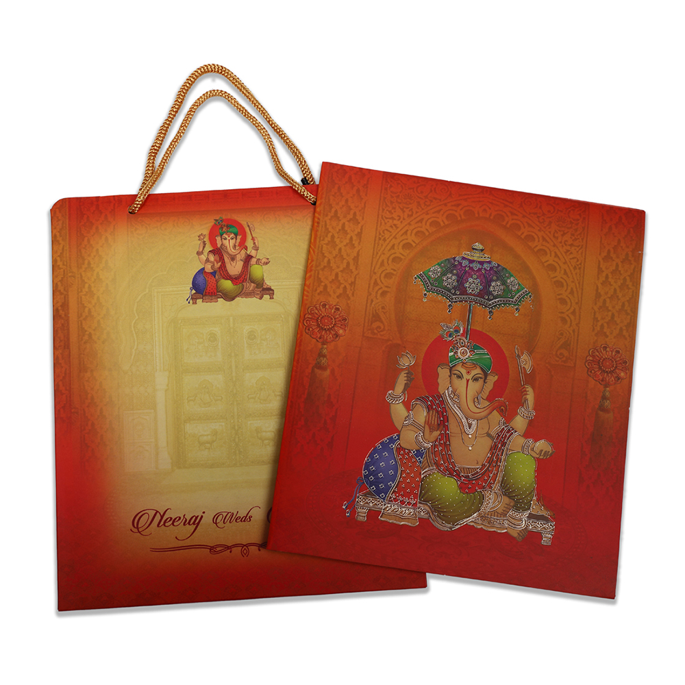Now In Trinidad Ganesha Theme Indian Wedding Card In Orange Colour