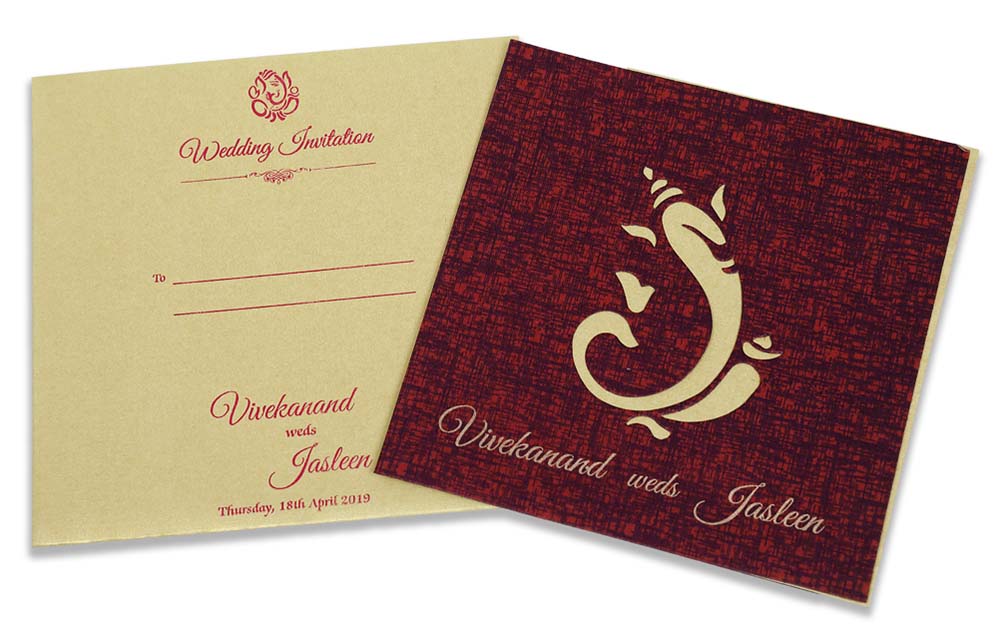 Ganesha theme laser cut wedding invite in maroon colour