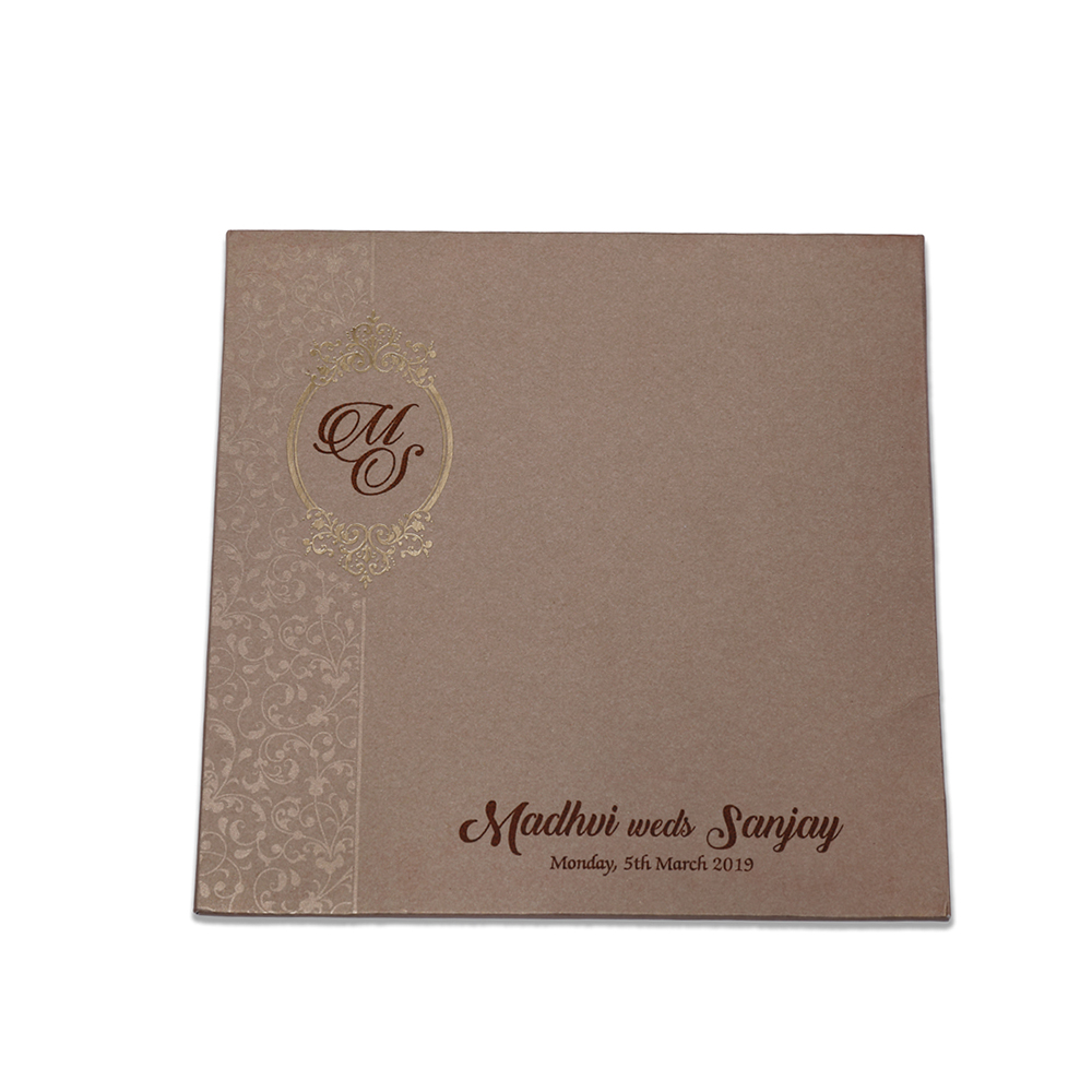 Gate fold Indian wedding Invitation in light brown with floral motifs - Click Image to Close