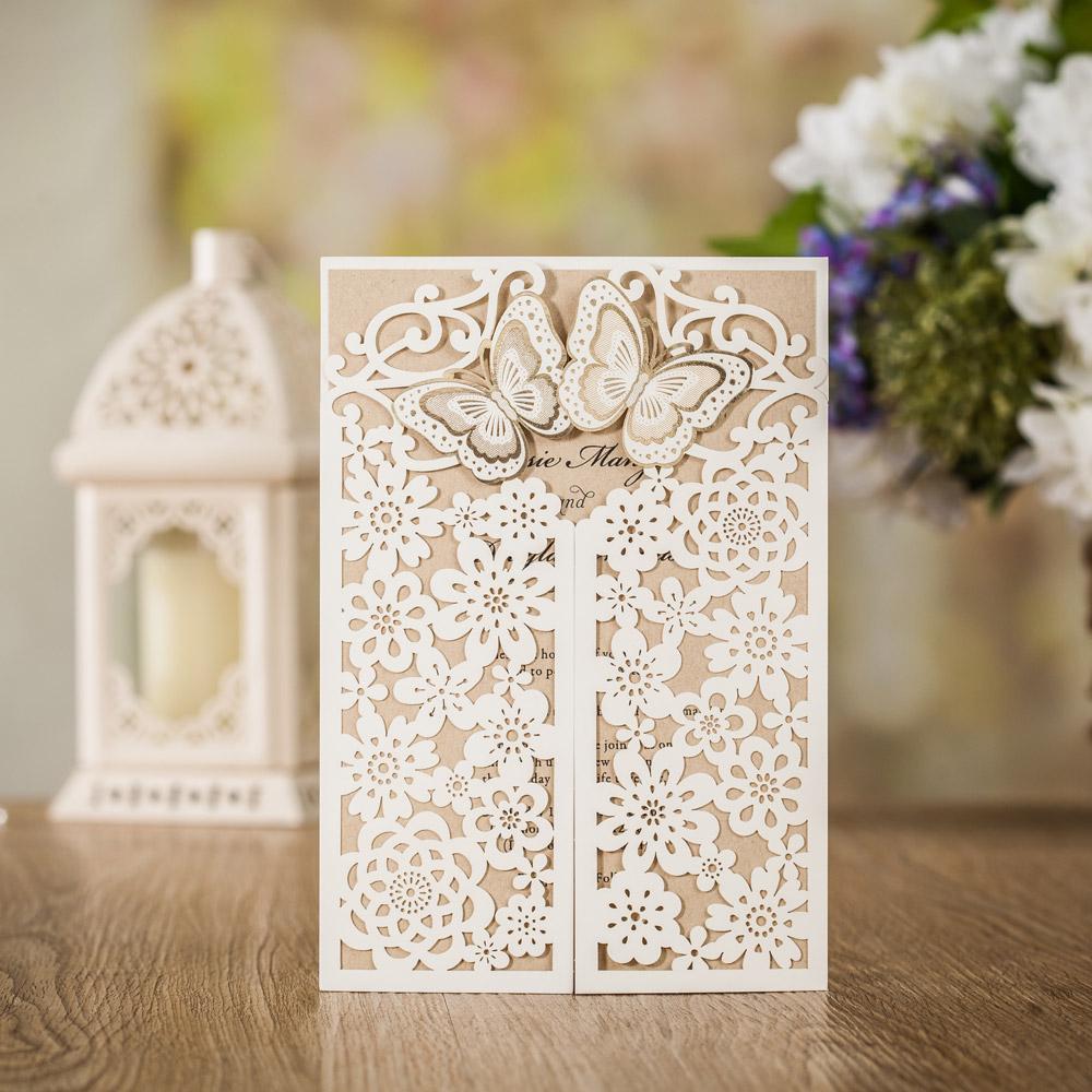 Gate fold laser cut wedding invitation with flowers and butterflies - Click Image to Close