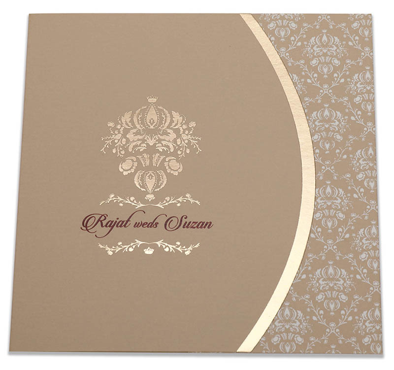 Gate fold multi-faith Indian wedding invitation in tan color