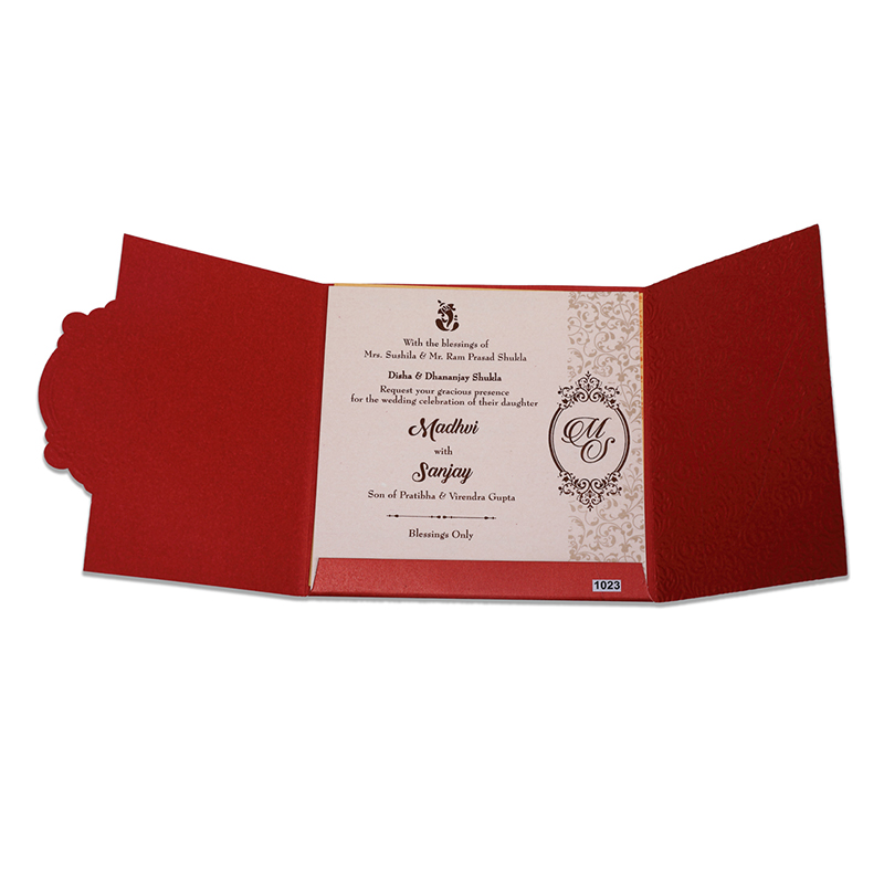 Gate fold tamil wedding Invitation in maroon with floral motifs - Click Image to Close