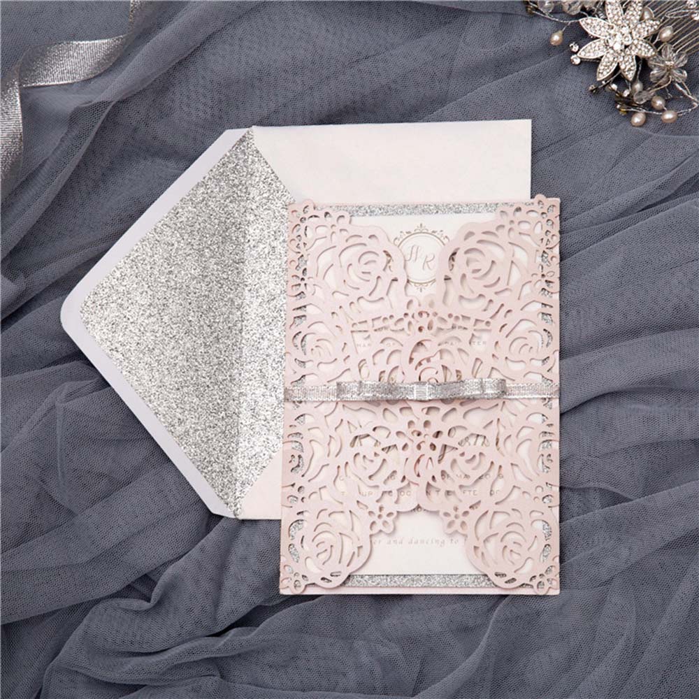 Gate fold wedding invitation in blush and silver shimmer - Click Image to Close