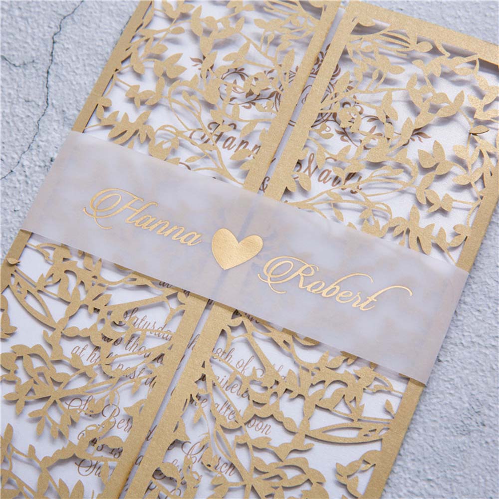 Gate fold wedding invitation in golden colour with a mesh of leaves - Click Image to Close