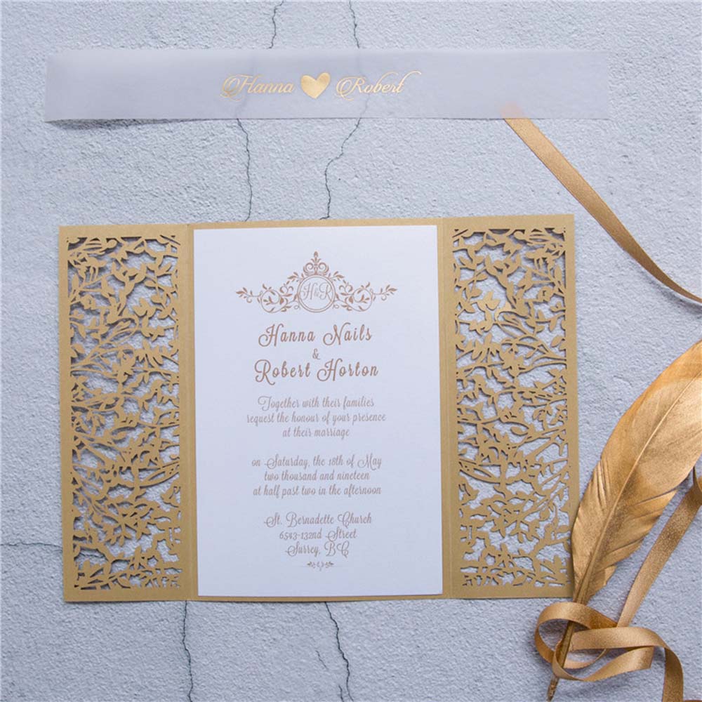 Gate fold wedding invitation in golden colour with a mesh of leaves - Click Image to Close