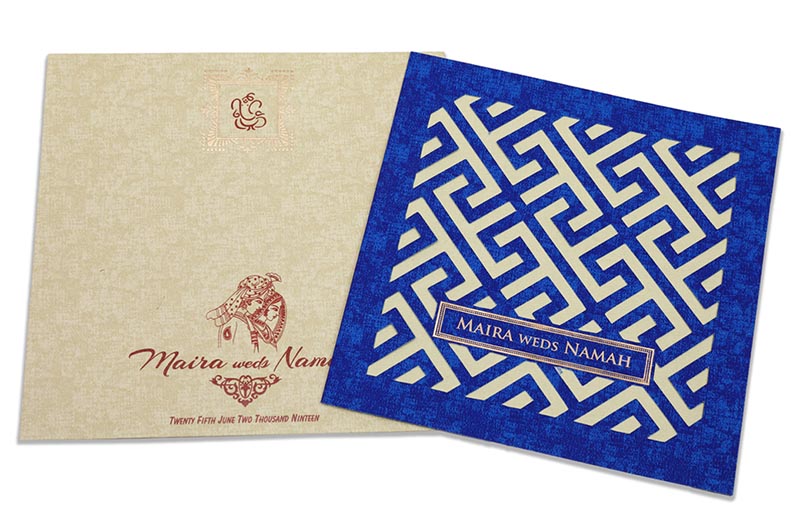 Geometric design wedding invitation in blue with marble effect - Click Image to Close
