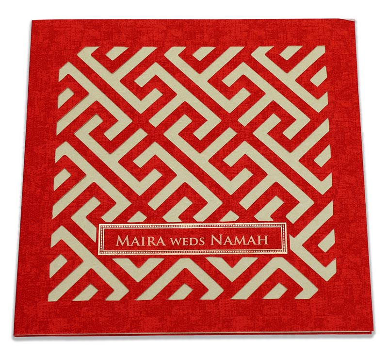 Geometric design wedding invitation in red with marble effect