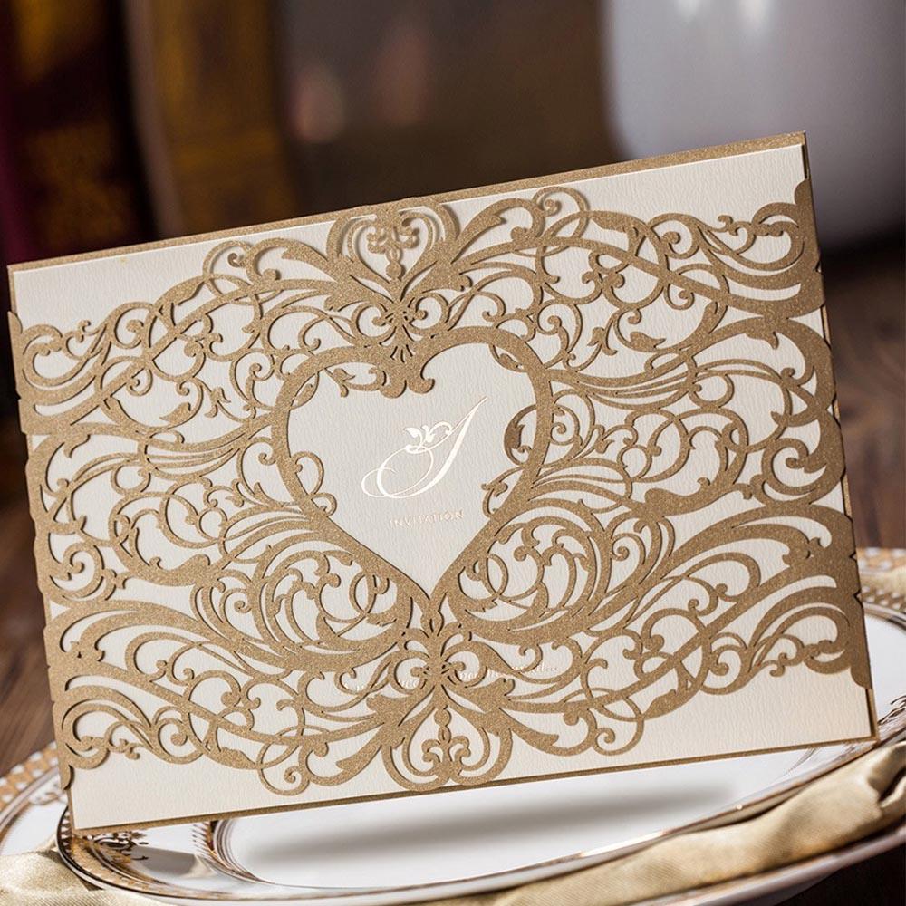 Gold Lace Cut Wedding Invitation with motifs and heart shape - Click Image to Close