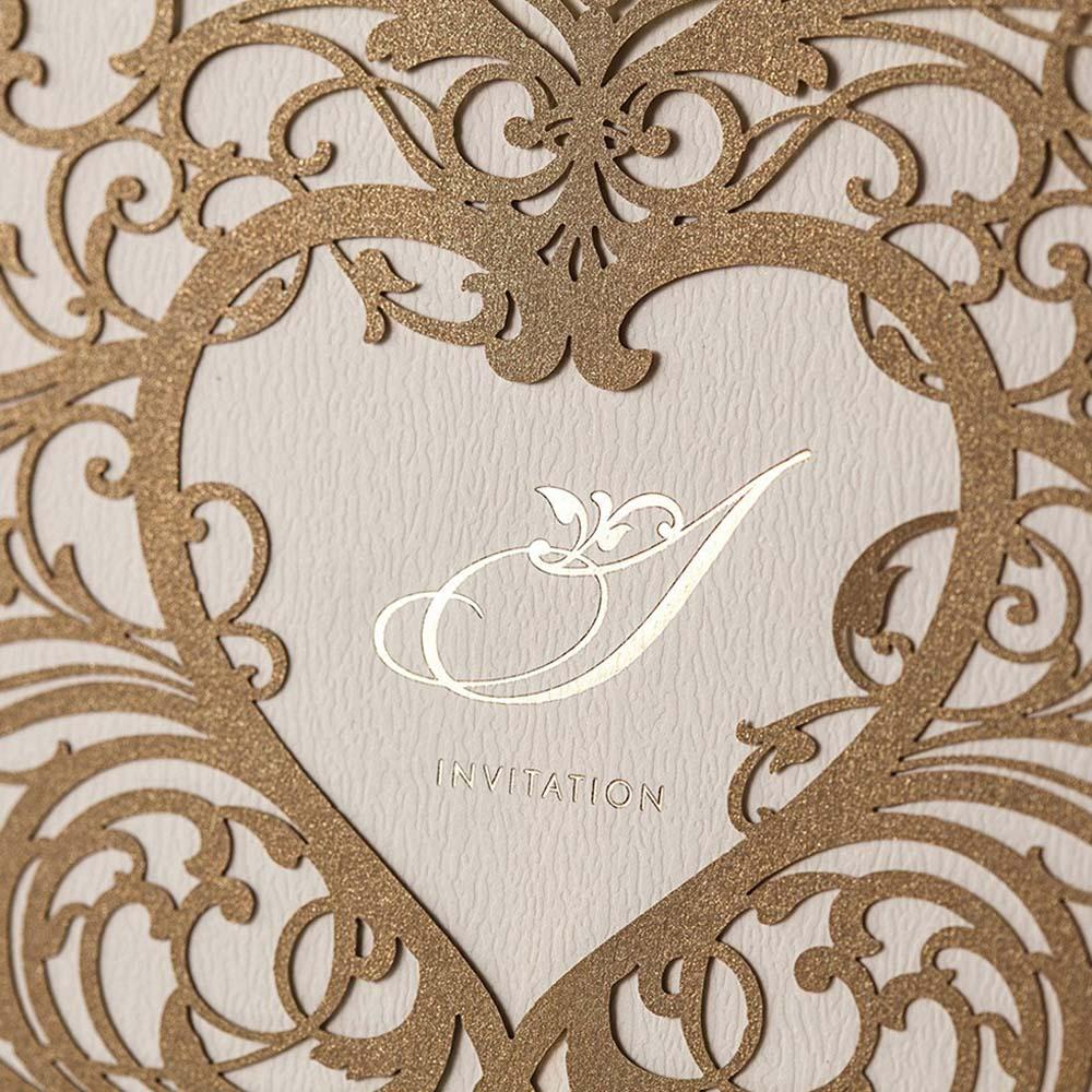 Gold Lace Cut Wedding Invitation with motifs and heart shape - Click Image to Close
