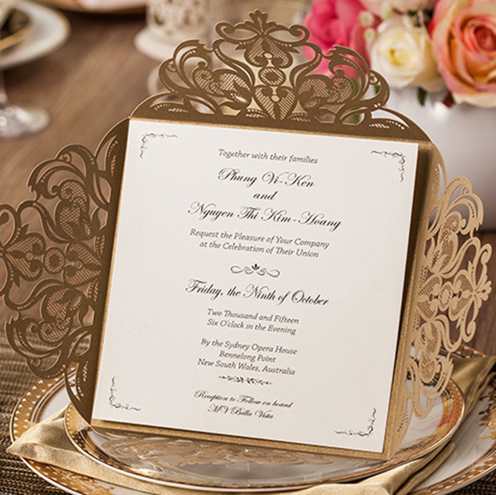 Gold Square Floral Vintage Laser Cut Wedding Invitation - Click Image to Close