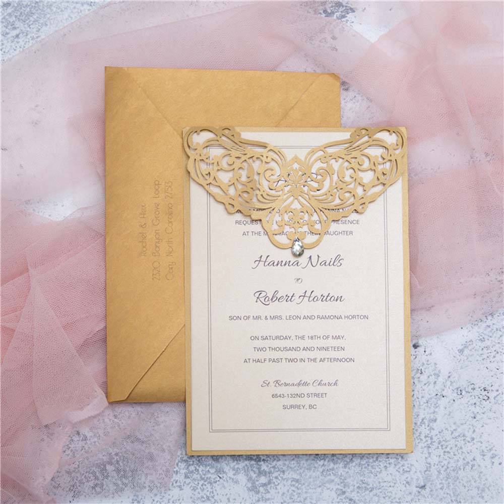 Golden colour laser cut reception & wedding invitation - Click Image to Close