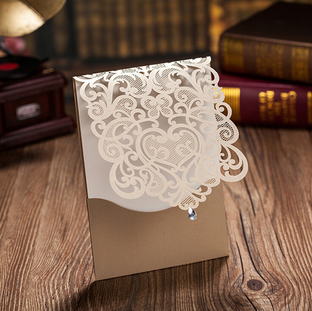 Golden Wedding Invitations With Rhinestone & Laser Cut Flower - Click Image to Close
