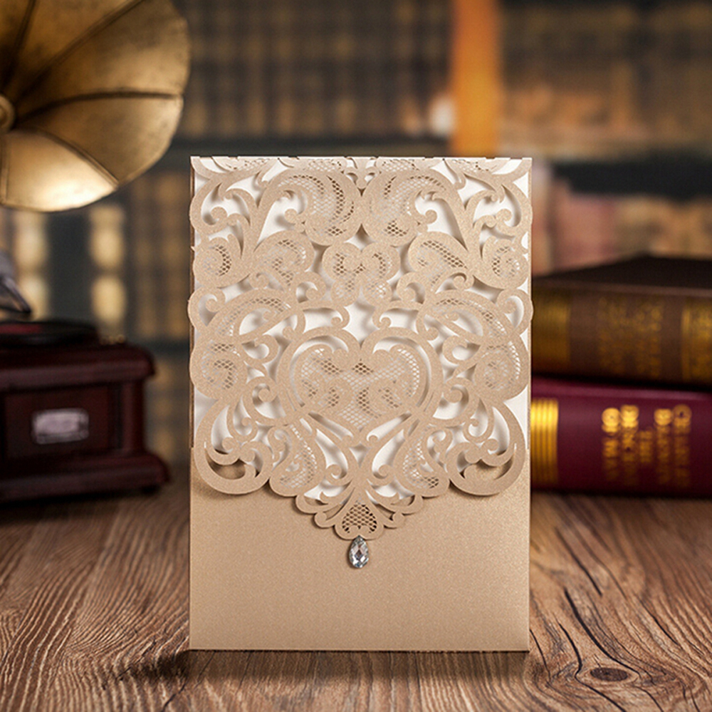 Golden Wedding Invitations With Rhinestone & Laser Cut Flower - Click Image to Close