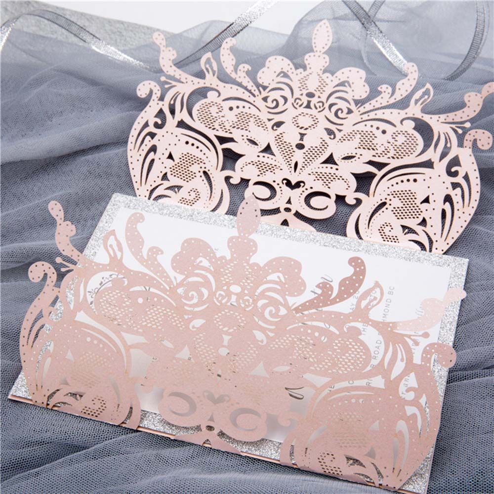 Gorgeous royal laser cut wedding invitation in metallic pink & silver - Click Image to Close