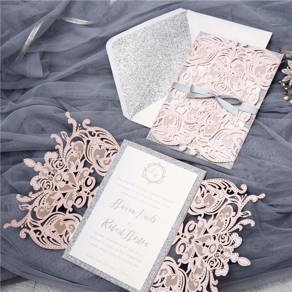 Gorgeous royal laser cut wedding invitation in metallic pink & silver - Click Image to Close
