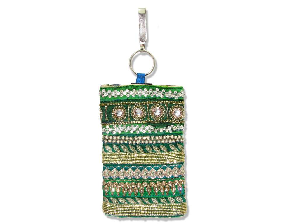 Green Embroidered Mobile Pouch - Click Image to Close