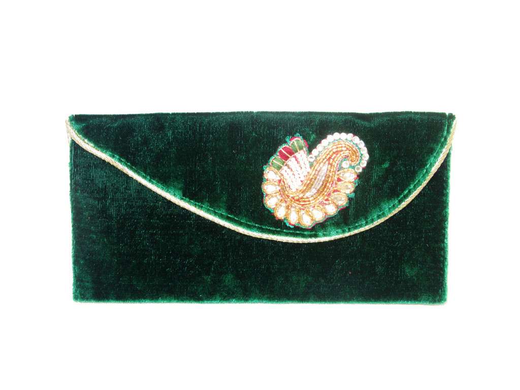 Green Velvet with broach hand Clutch - Click Image to Close