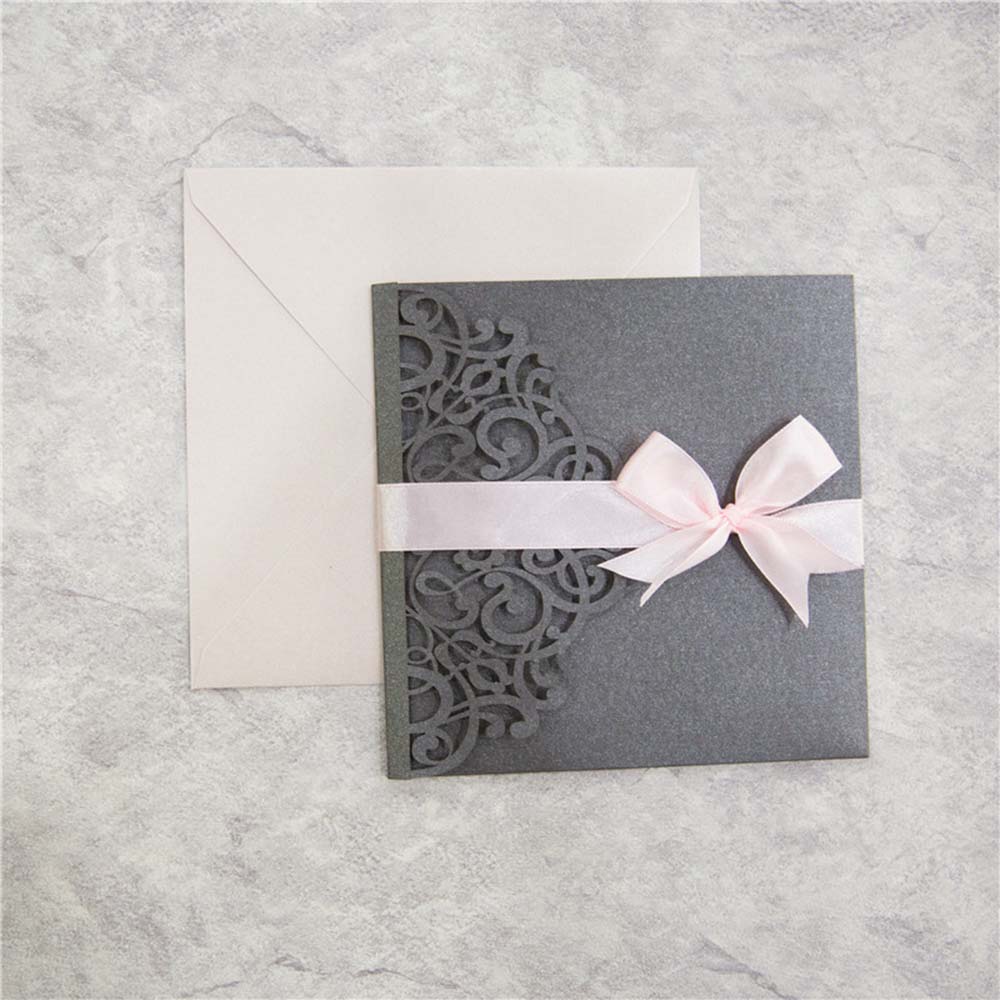 Grey shimmer laser cut wedding invitation with a pocket - Click Image to Close