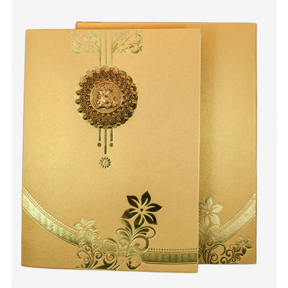 Hindu Wedding Card in Golden with Floral Design & Ganesha ...