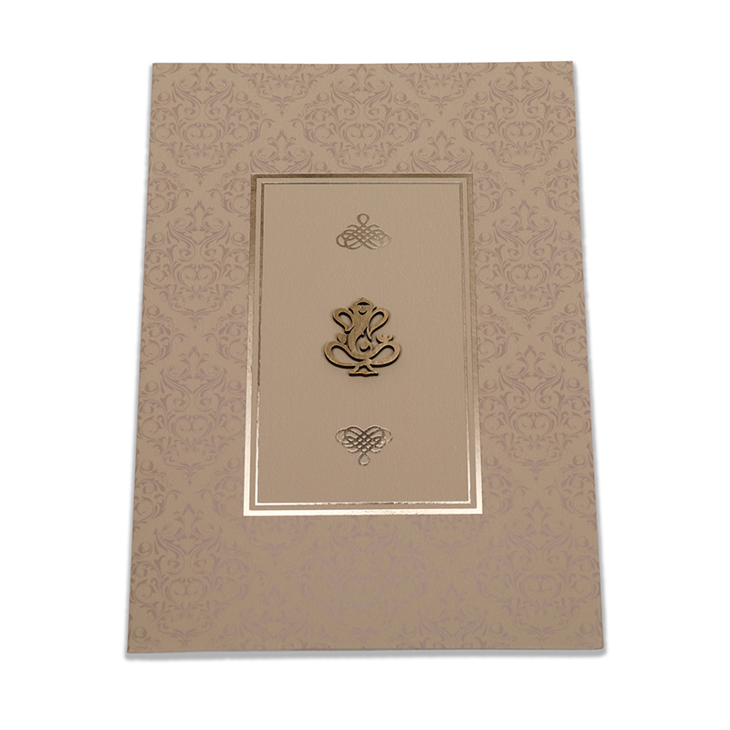 Hindu wedding card in olive colour with lasercut name Ganesha symbol - Click Image to Close