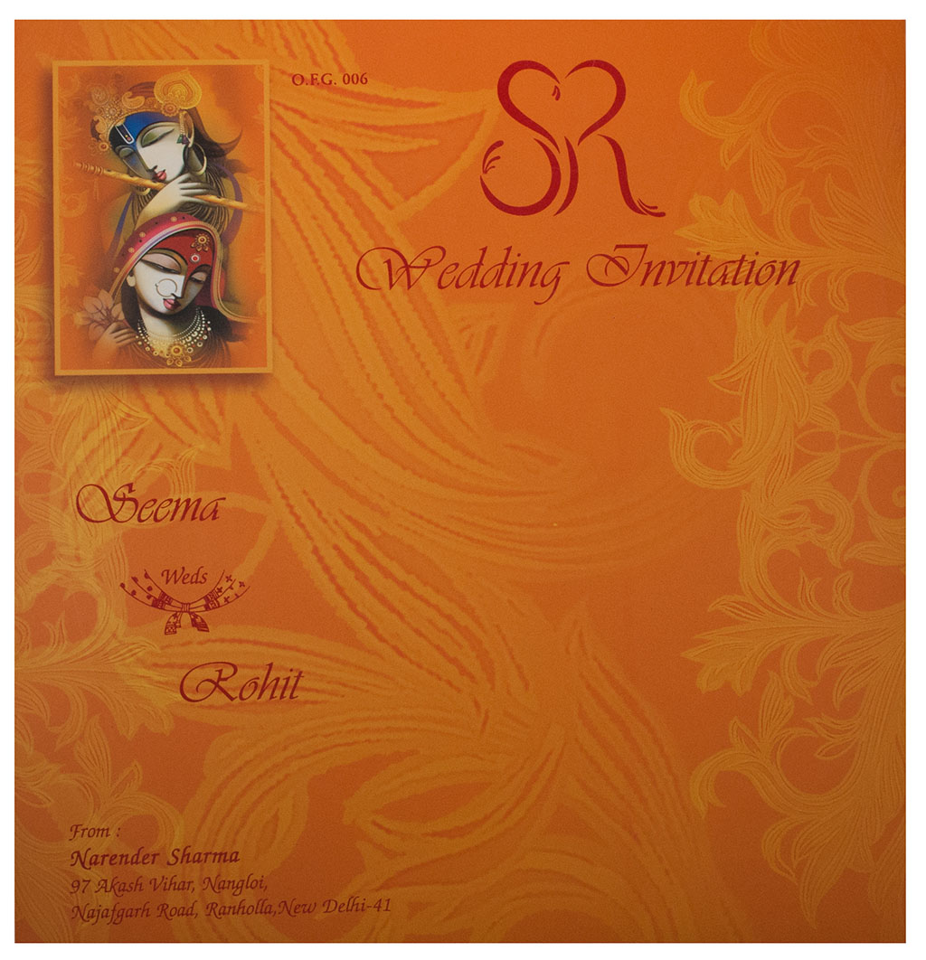 hindu wedding card with modern radha krishna design in orange AMB1560_DSC7665 2_LRG