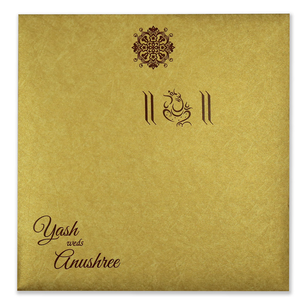 Hindu wedding invitation in brown with Ganesha symbol - Click Image to Close