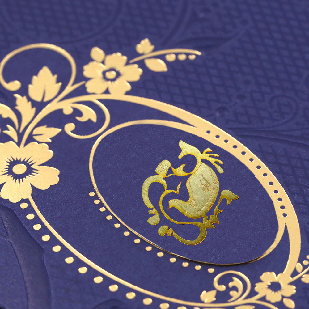 Hindu wedding invitation in navy blue with embossed floral design - Click Image to Close