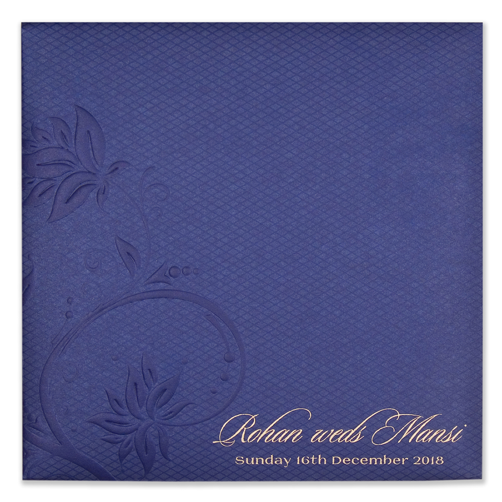 Hindu wedding invitation in navy blue with embossed floral design - Click Image to Close