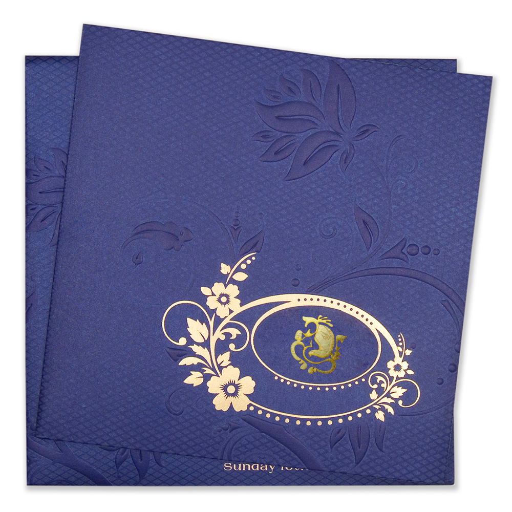 Hindu wedding invitation in navy blue with embossed floral design