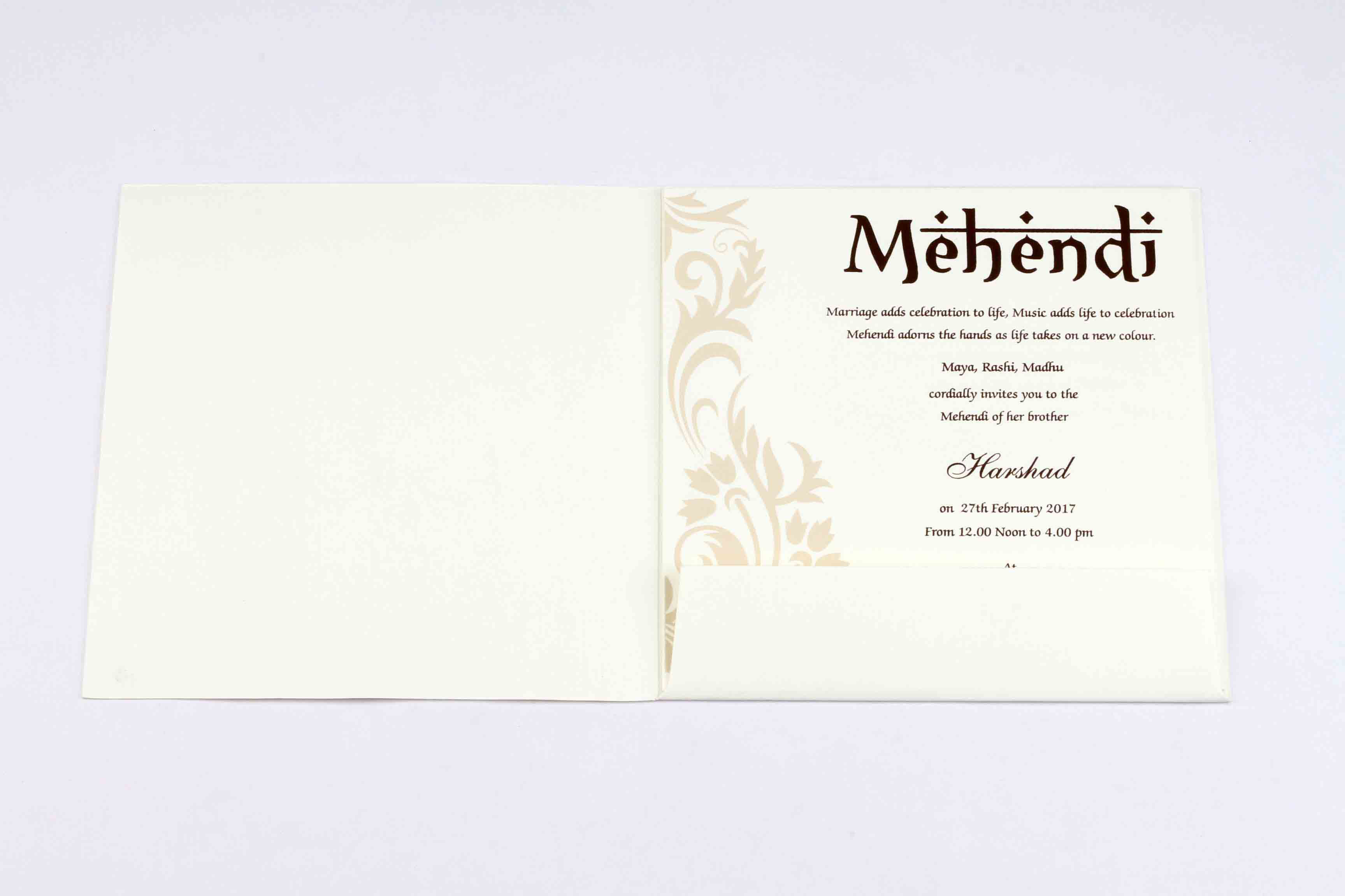 Hindu wedding invitation in off white with floral motifs in peach - Click Image to Close
