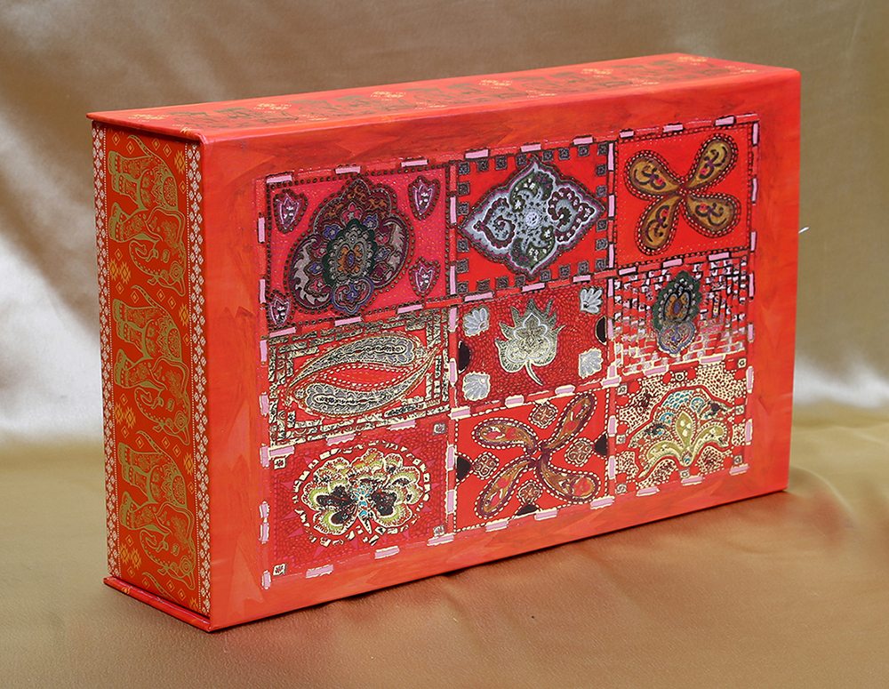 Indian wedding box card in red with motifs elephants and mirror shaped inserts - Click Image to Close