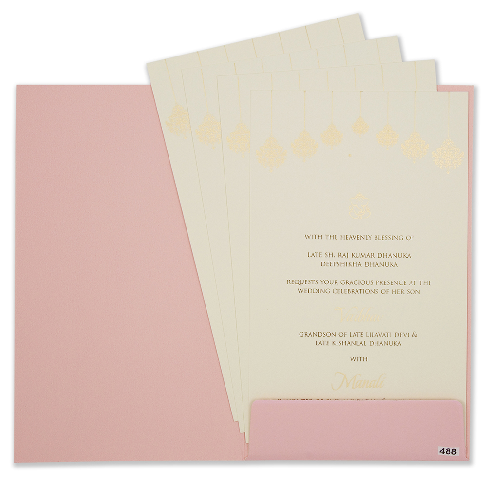 Indian wedding card in baby pink with floral motifs - Click Image to Close