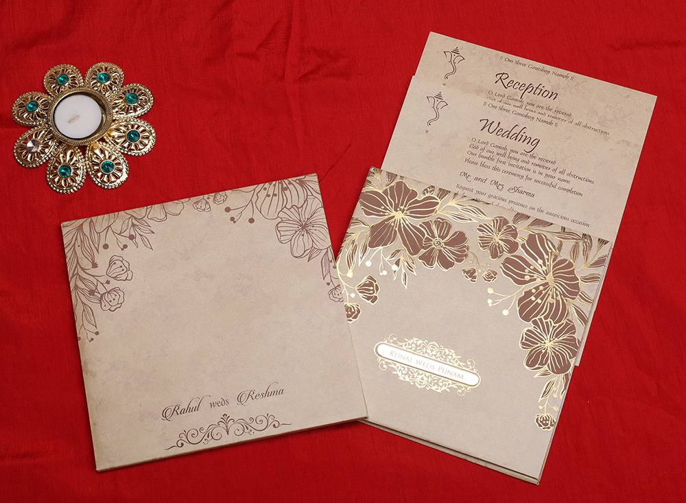 Indian wedding card in beige with embossed floral designs - Click Image to Close