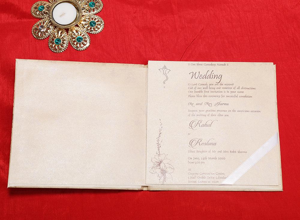 Indian wedding card in beige with embossed floral designs - Click Image to Close