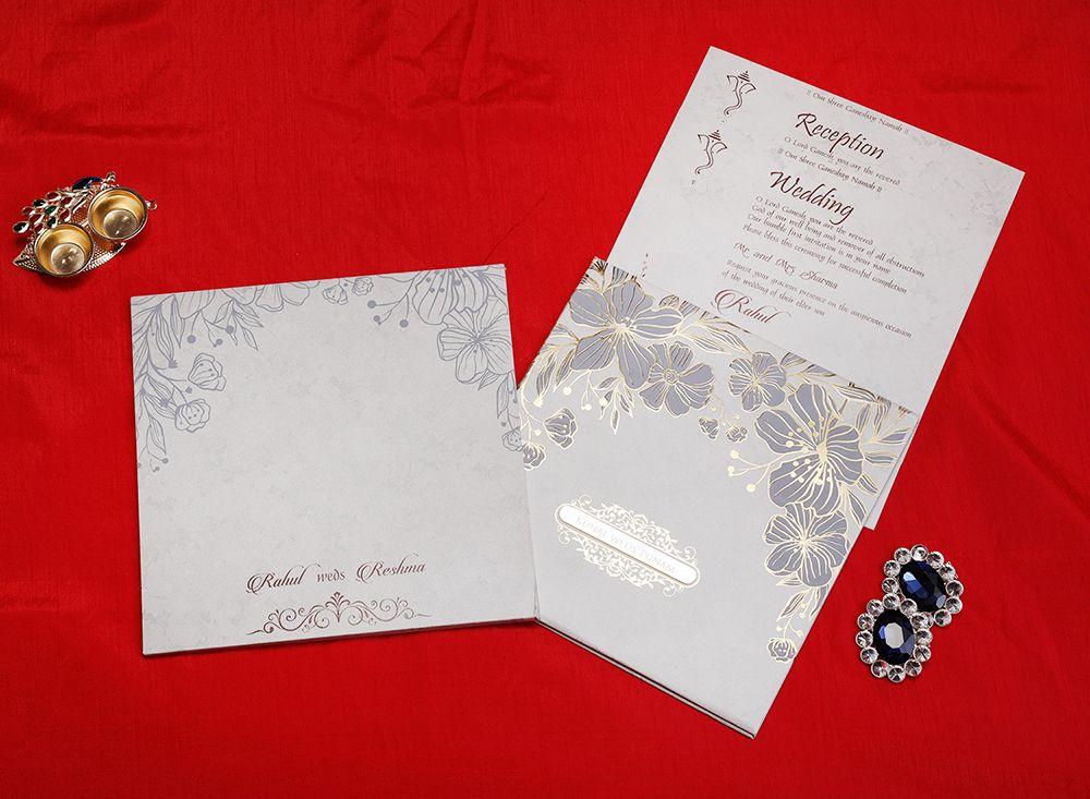Indian wedding card in cream with embossed floral designs - Click Image to Close