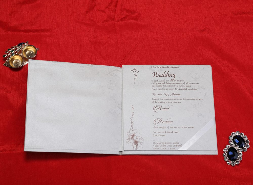 Indian wedding card in cream with embossed floral designs - Click Image to Close