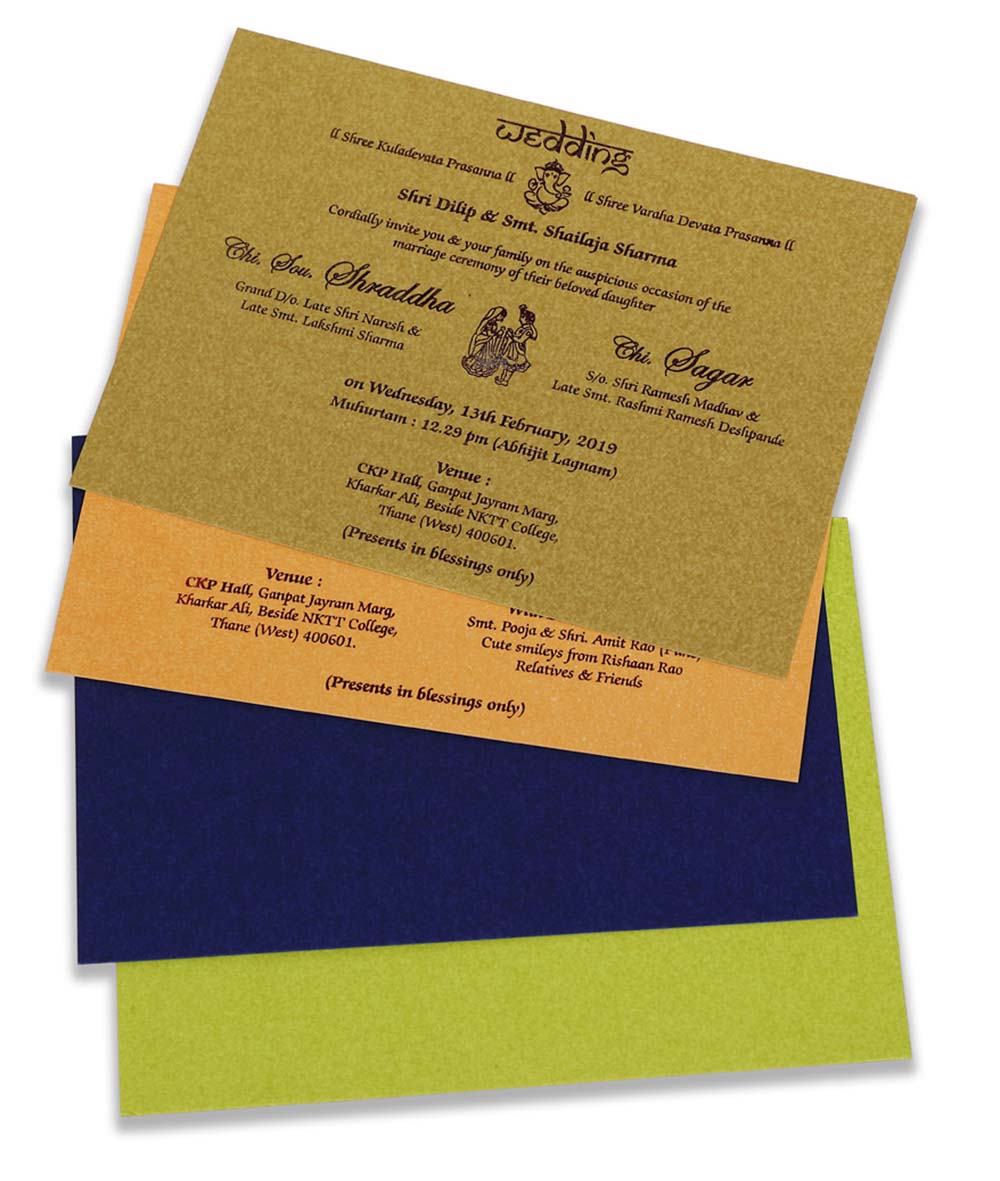Indian wedding card in crumpled royal blue satin finish - Click Image to Close