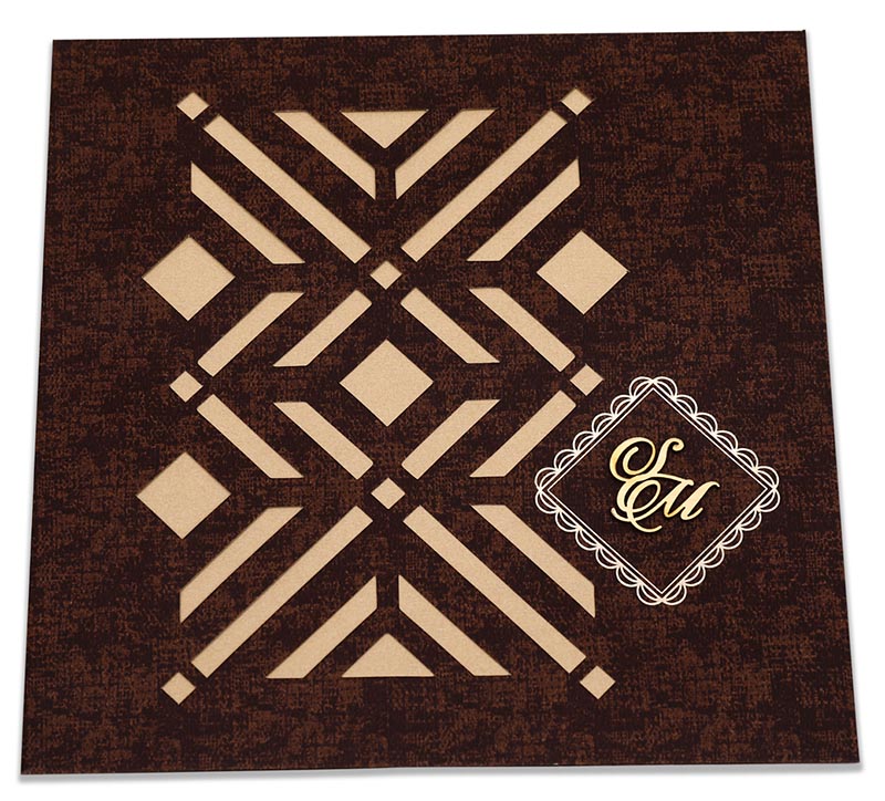 Indian wedding card with laser cut Geometric pattern in brown