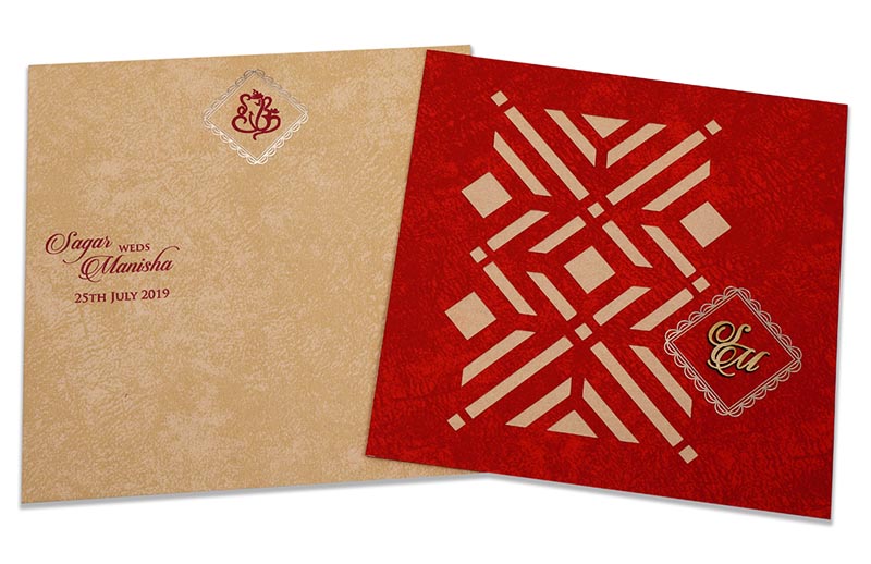 Indian wedding card with laser cut Geometric pattern in red - Click Image to Close