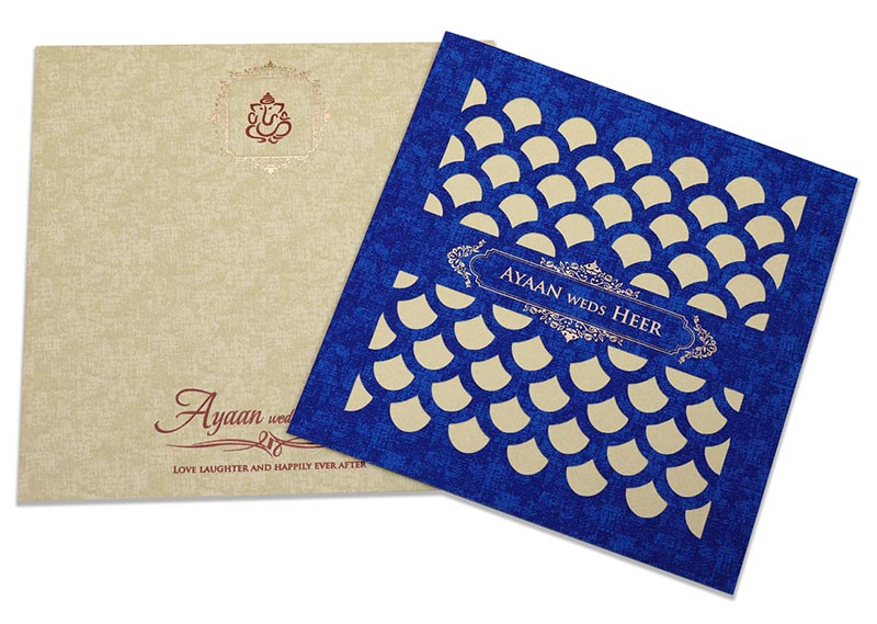 Indian wedding card with semi circular geometric patterns in blue - Click Image to Close
