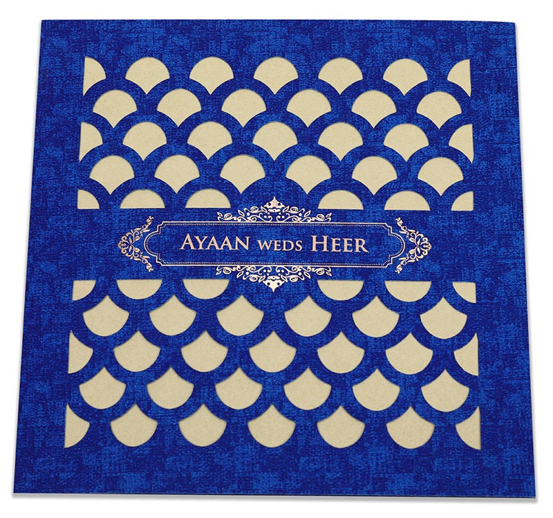 Indian wedding card with semi circular geometric patterns in blue
