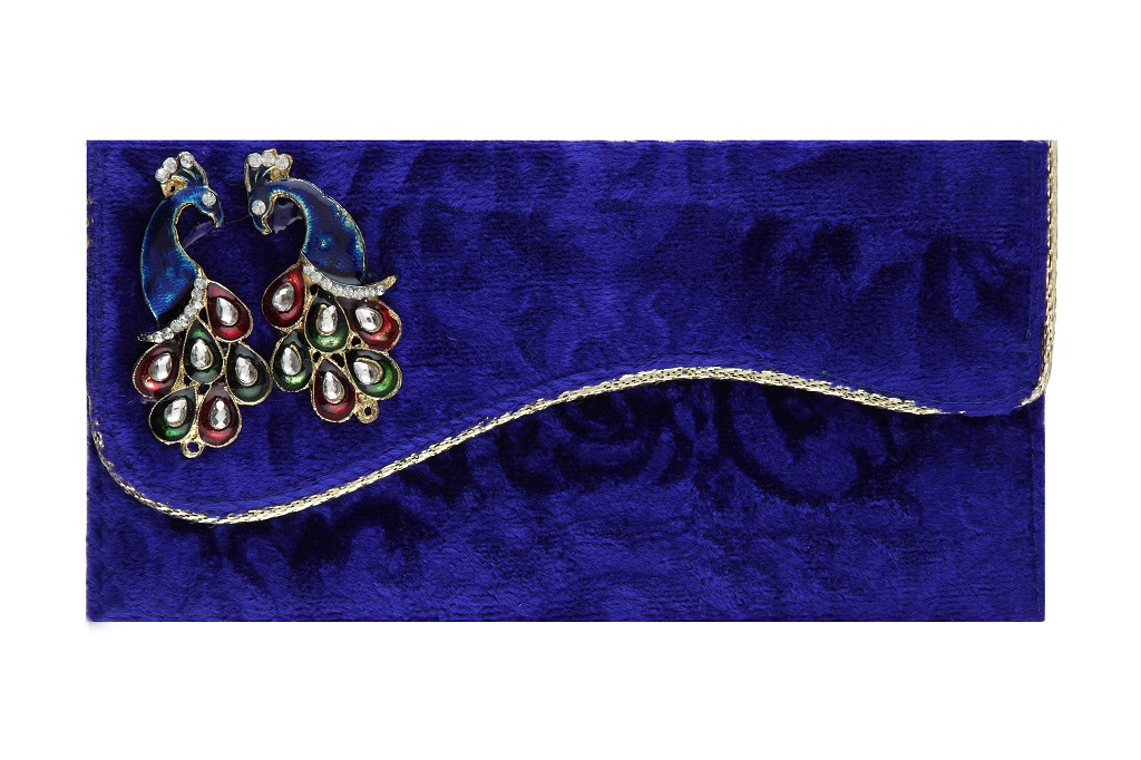 Indian Wedding Envelope with Blue Velvet Peacock Motif