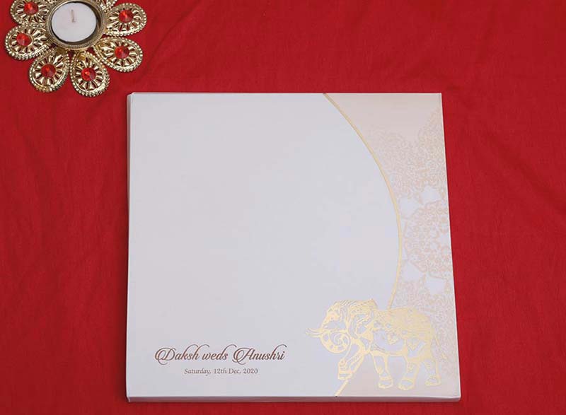 Indian Wedding Invitation Card in Ivory with Royal Elephants - Click Image to Close